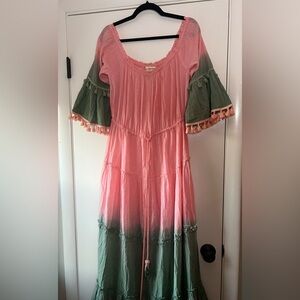 Z&L Maxi Dress Dip Dyed Pom Pom Tassel Pink Green 100% Cotton India Size Small